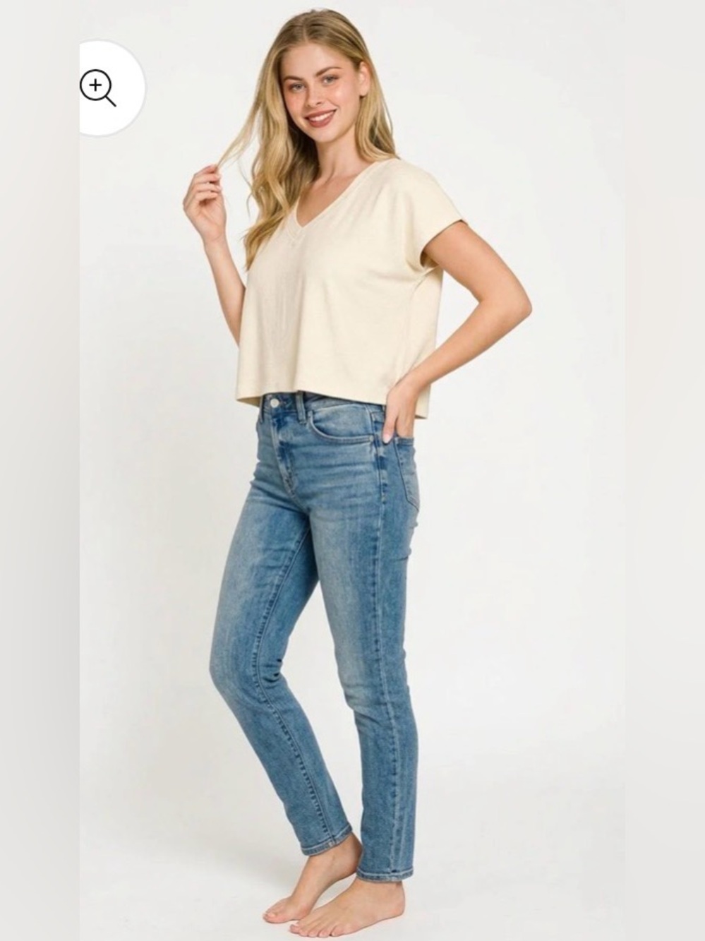 Zenana Hacci Slub SAND BEIGE V-Neck Boxy Tee - Picture 2 of 3